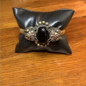 Amazing! Vintage Asian Design Brass Dragons Cuff Onyx and Coral Stones